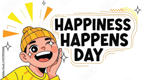 Vector art of a cheerful cartoon illustration celebrating happiness happens day with a smiling boy isolated on white background