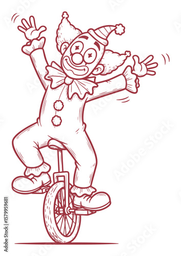 Cartoon Drawing of a Clown Riding a Unicycle and Waving