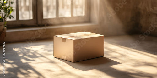 Cardboard Shipping Box in Sunlit Minimalist Room