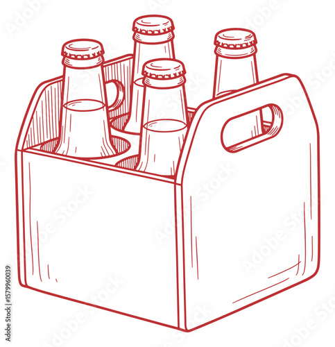 Red Outline Drawing of a Four-Pack of Bottled Drinks