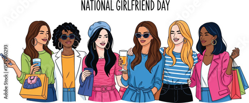 Vector art of a group of stylish girlfriends are celebrating national girlfriend day with shopping bags and drinks, isolated on white background