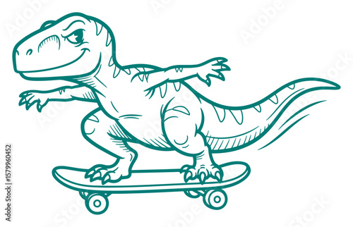 Cartoon Tyrannosaurus Rex on a Skateboard, Outlined in Teal