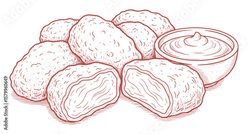 Chicken Nuggets and Dipping Sauce: Hand-Drawn Vector Illustration