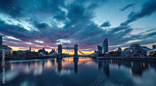 Magnificent sunset over london city featuring the iconic tower bridge