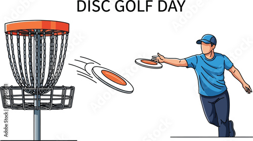Vector art of a disc golf player throws a frisbee towards the basket on disc golf day, isolated on white background, showcasing the sport and outdoor activity