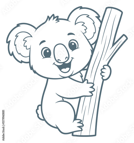 Cartoon Outlined Koala Climbing a Tree Trunk