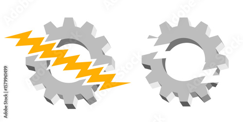 Broken gear cog icon vector, symbolizing malfunction, failure, or a system breakdown. Ideal for themes of troubleshooting, maintenance, or disruption in industrial or technical designs.