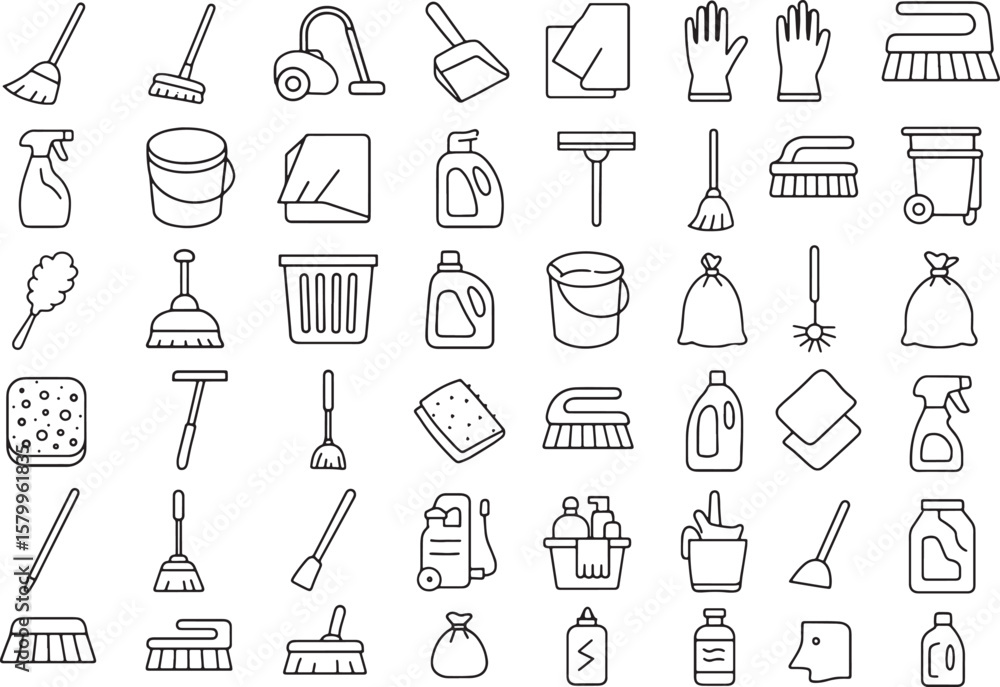 Obraz premium Collection of Cleaning Supplies, Household Chores, and Janitorial Service Icons