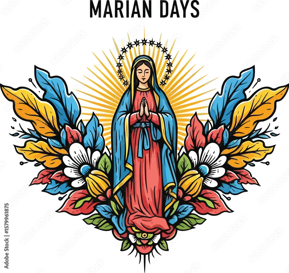 Fototapeta premium Vector art of a serene illustration depicts the virgin mary surrounded by colorful floral elements, representing marian days and celebrating religious faith and spirituality