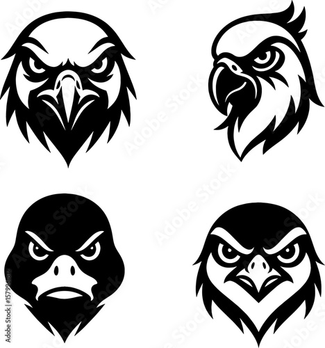Birds faces for logo or tattoo in black and white silhouette assets in white background 