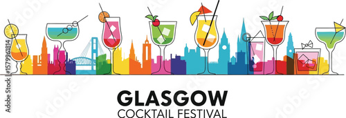 Vector art of a vibrant illustration showcases the glasgow cocktail festival with a colorful skyline and various cocktail glasses, promoting the citys nightlife and mixology scene
