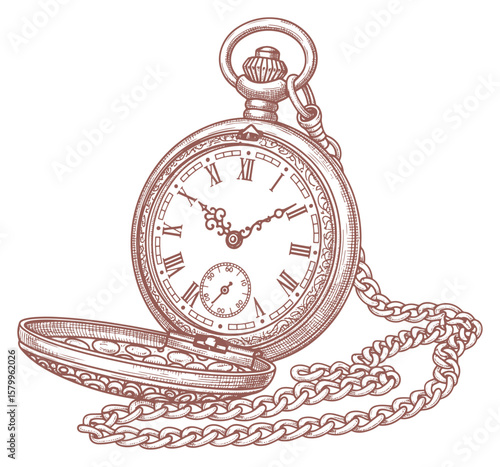 Vintage Hand-Drawn Engraving of an Open Pocket Watch with Chain
