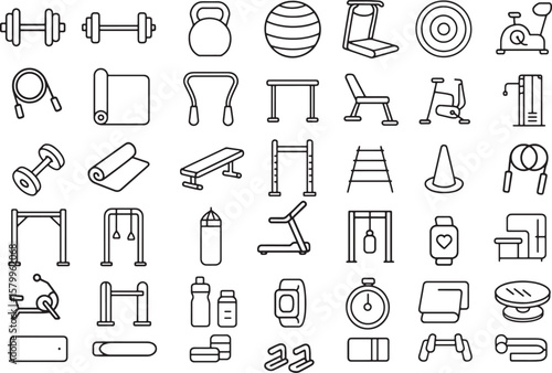 Collection of Gym, Exercise, and Fitness Training Equipment Outline Icons