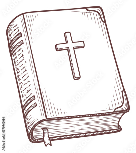 Detailed Illustration of a Closed Holy Bible with Cross and Handwritten Script