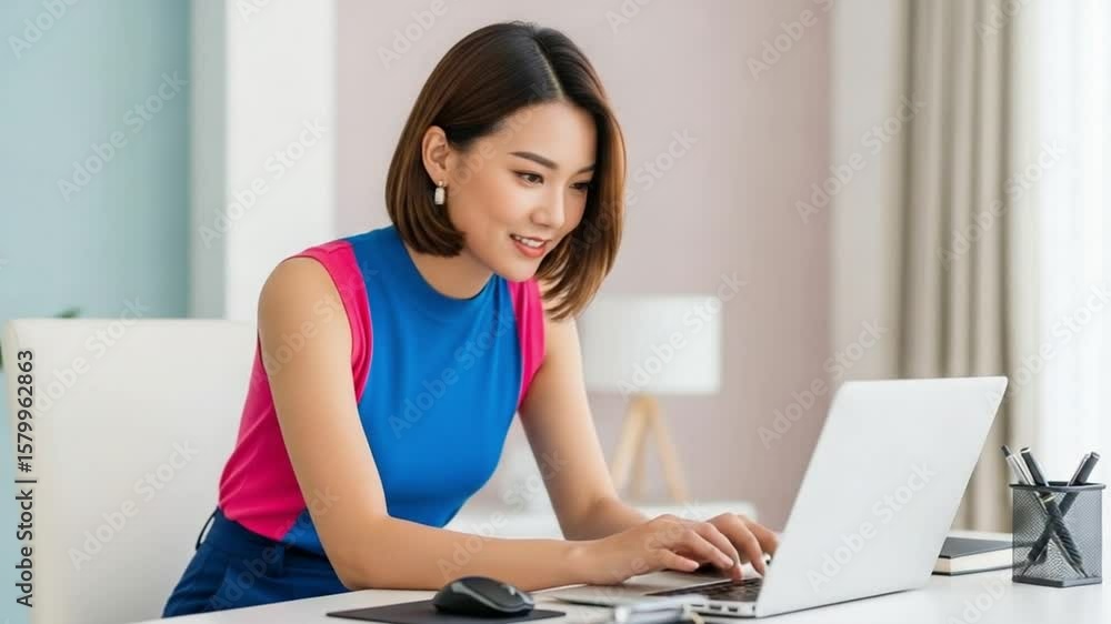 Smiling Asian Woman Engaged in Productive Work on Laptop at Modern Home Office Desk Smiling Asian Woman Engaged in Productive Work on Laptop at Modern Home Office Desk