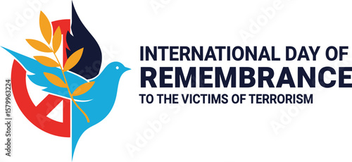 Vector art of a symbolic illustration commemorates the international day of remembrance for the victims of terrorism, featuring a dove with an olive branch