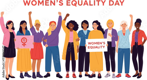 Vector art of a diverse group of women stand together in support of womens equality day, raising their fists in solidarity