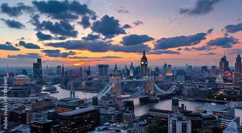 Panoramic view of london cityscape at sunset with tower bridge and skyline