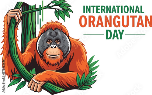 Vector art of a cartoon orangutan is sitting on a tree branch for international orangutan day, promoting wildlife conservation and awareness on a white background