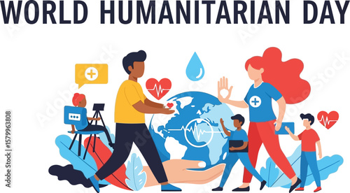 Vector art of celebrating world humanitarian day with people from all over the world helping each other