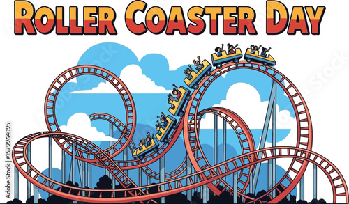 Vector art of a roller coaster with people riding on it is shown to celebrate roller coaster day isolated on white background