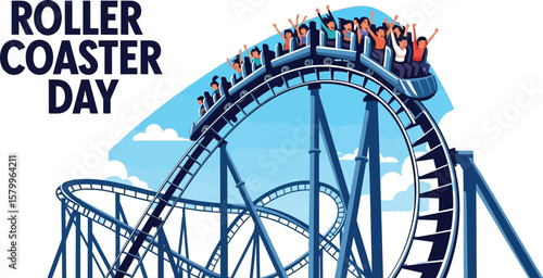 Vector art of a roller coaster with people riding on it is shown to celebrate roller coaster day isolated on white background