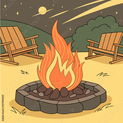 “Outdoor Fire Pit with Bright Orange and Yellow Flame Vector Illustration Isolated”