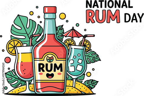 Illustration of national rum day with a bottle and cocktails isolated on white background