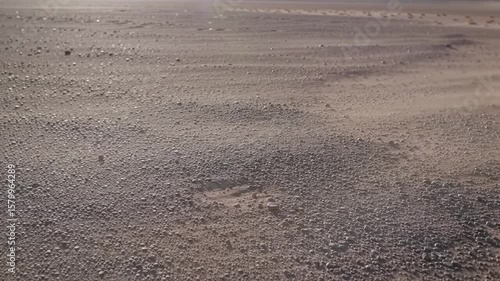 Arid landscape featuring a windy desert with sand and pebbles blowing