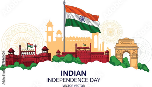 Illustration of indian independence day with landmarks and flag isolated on white background