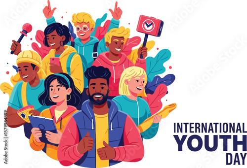Vector art of celebrating international youth day with a diverse group of people
