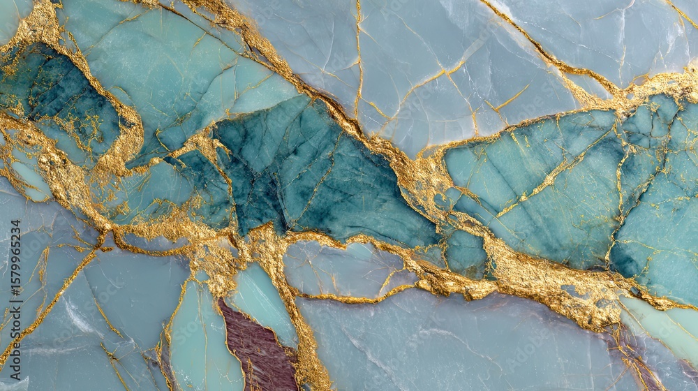 Fototapeta premium Abstract close-up of a polished stone surface featuring veins of gold and turquoise.