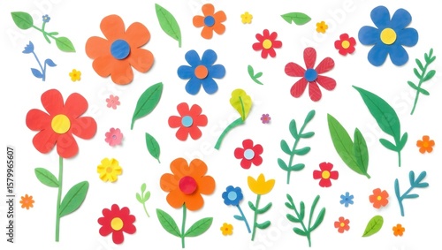Wallpaper Mural Colorful handmade paper flowers and green leaves scattered on white background Torontodigital.ca