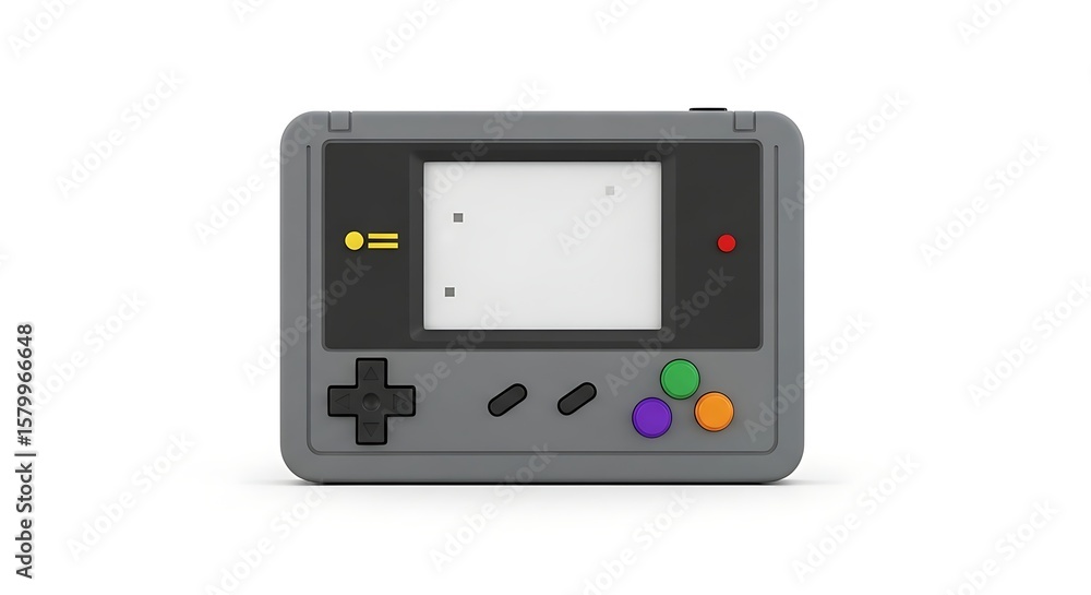 Obraz premium A gray handheld gaming device with a screen and colorful buttons on a white background