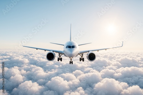 Commercial airplane flying above clouds under sunlight with clear sky background, showcasing modern air transport concept and aviation light effect.