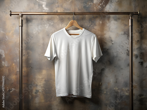 Blank t-shirt mockup hanging on vintage metal pipe rack with neutral backdrop