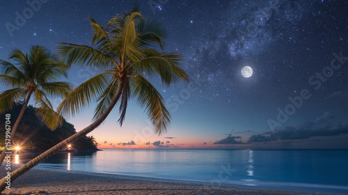 Fototapeta Naklejka Na Ścianę i Meble -  Tropical beach at night with palm trees and stars