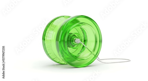 A close up of a translucent green yo yo with a white string on white background