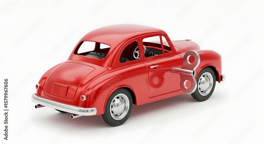 A red toy car with a wind up key on a white background in a studio setting A red toy car with a wind up key on a white background in a studio setting