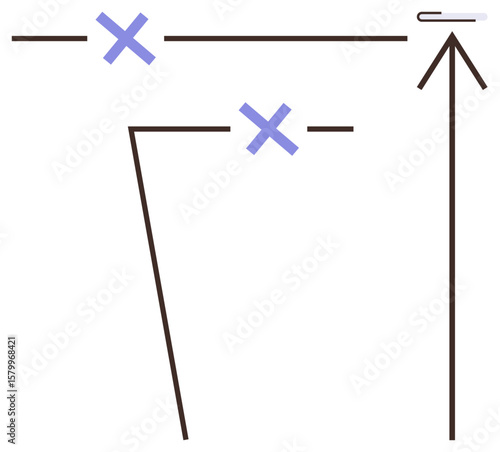 Arrows, two blue crosses, and intersecting lines forming an abstract diagram. Ideal for navigation, process flow, decision-making, minimalism, abstract planning, problem-solving simple flat metaphor
