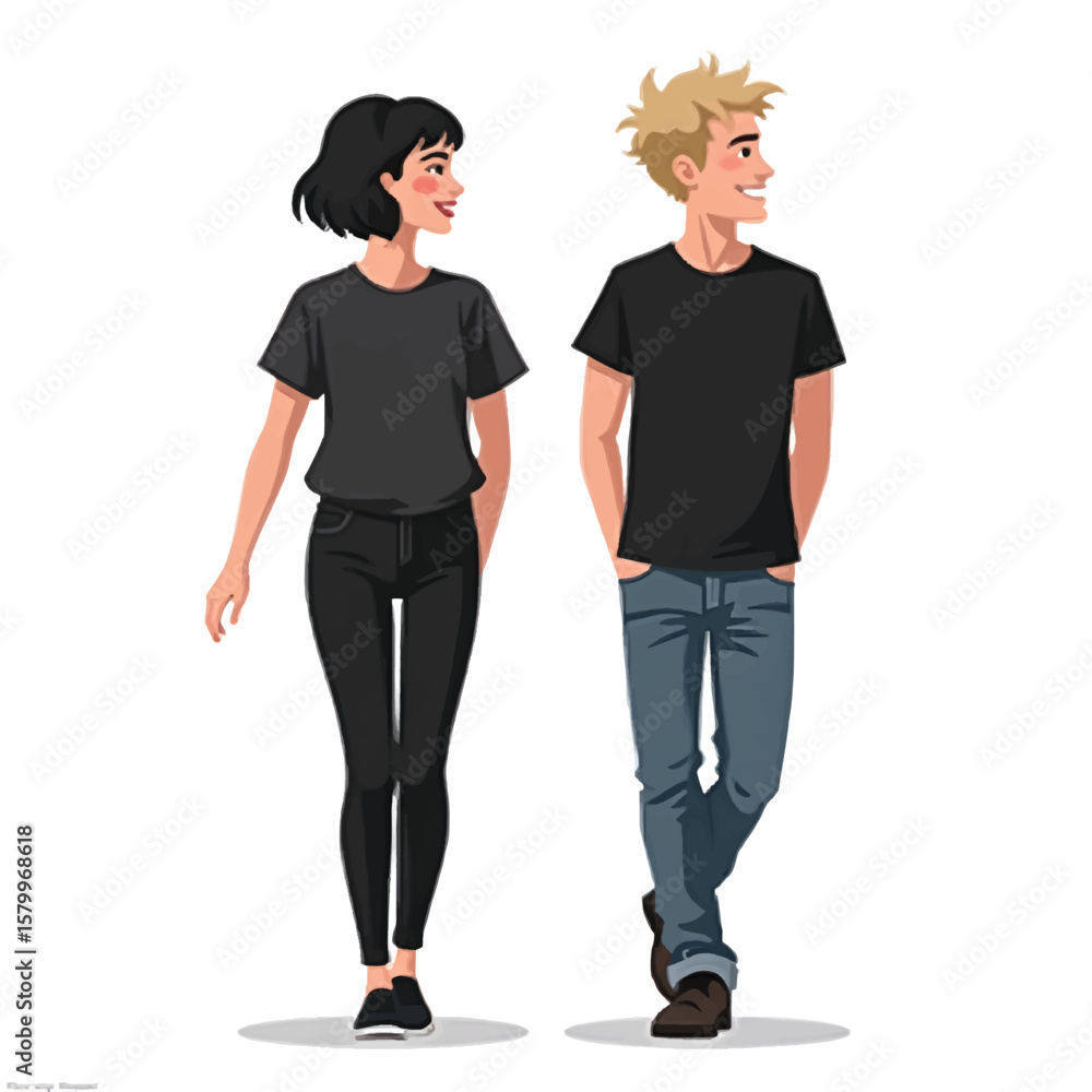 Obraz premium Black Silhouette Vector of Two Best Friends Walking Side by Side in Friendly Casual Pose on White Background Full Ultra HD