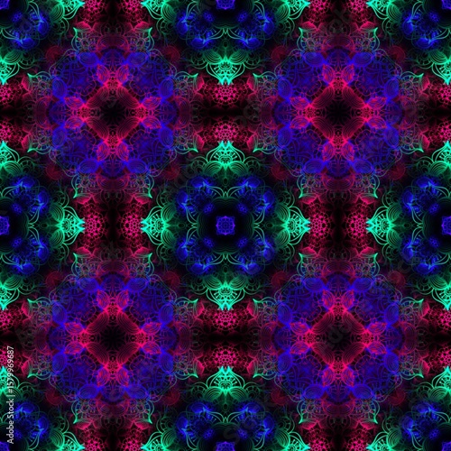 Colorful Neon Fractal Mandala Seamless Pattern on Dark Background