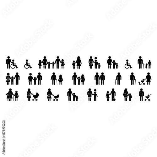 Diverse People and Family Icons: Community, Disability, Parenthood, and Life Stages