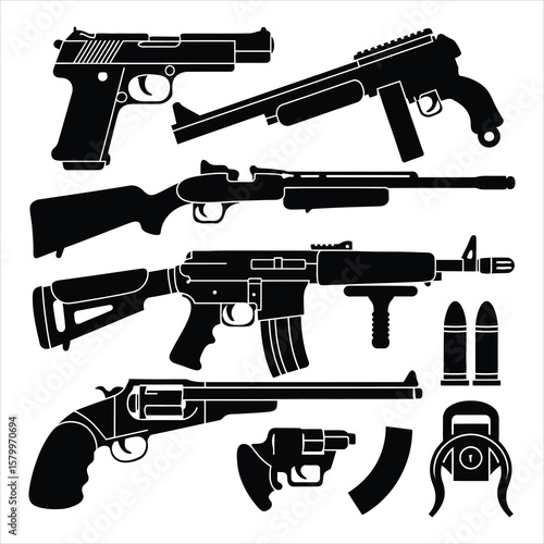 Black weapon silhouettes including handguns rifles and ammunition pistol shotgun