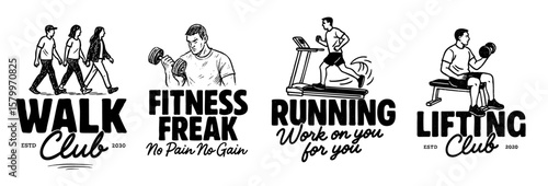 Fitness and Workout Quote Logos — Walk Club, Fitness Freak, Running Club, Lifting Club Typography with Gym Illustrations
