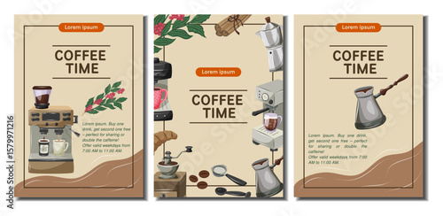Set of coffee time flyers for coffee shop, coffee house, cafe, barista, bakery. A4 Vector illustration for poster, banner, cover, flyer, menu, advertising.