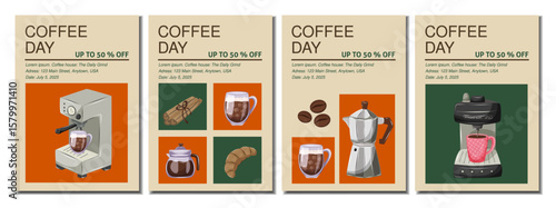 Vector set of flyers for coffee shop, coffee house, cafe, barista, bakery. A4 Vector illustration for poster, banner, cover, flyer, menu, advertising.