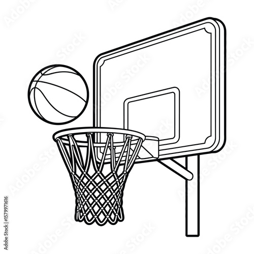 Basketball Hoop Coloring Page, Vector, Illustration, Outline, Line Art, Silhouette, White Background.