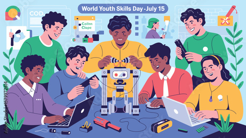 Illustration of young people collaborating on tech projects for World Youth Skills Day on July fifteenth.