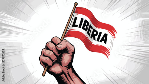 A powerful hand holds the Liberia flag high, symbolizing patriotism and national pride in a vibrant cartoon illustration.
